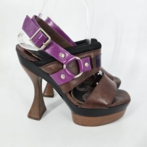 Marni Brown Leather Purple Buckle Chunky Shoes Sandals Size 37